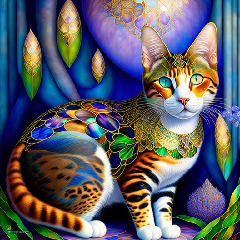 Colorful Cat Illustration with Intricate Patterns and Jewel-like Decorations
