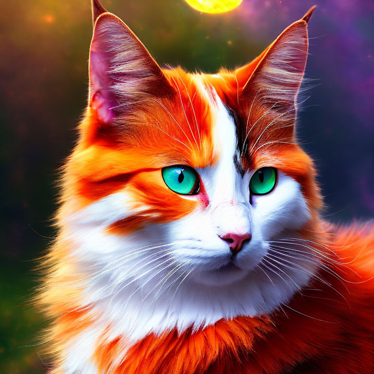 Colorful Cosmic Background with Vibrant Orange and White Cat