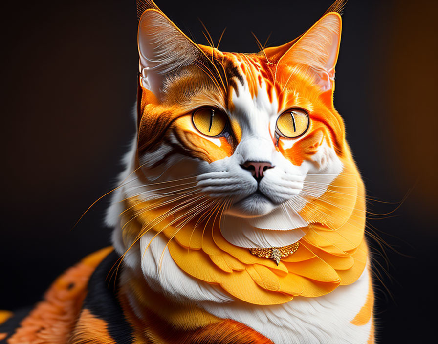 Orange and White Cat with Yellow Eyes and Gold Necklace on Dark Background