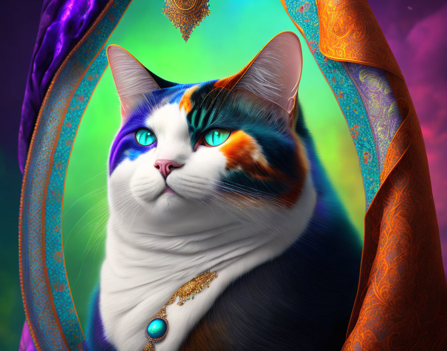 Multicolored cat with green eyes and golden necklace in vibrant cloak