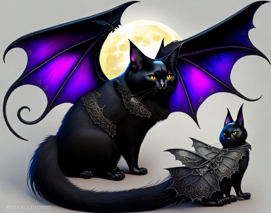 Two black winged cats with yellow eyes in front of full moon, one larger with intricate wing patterns