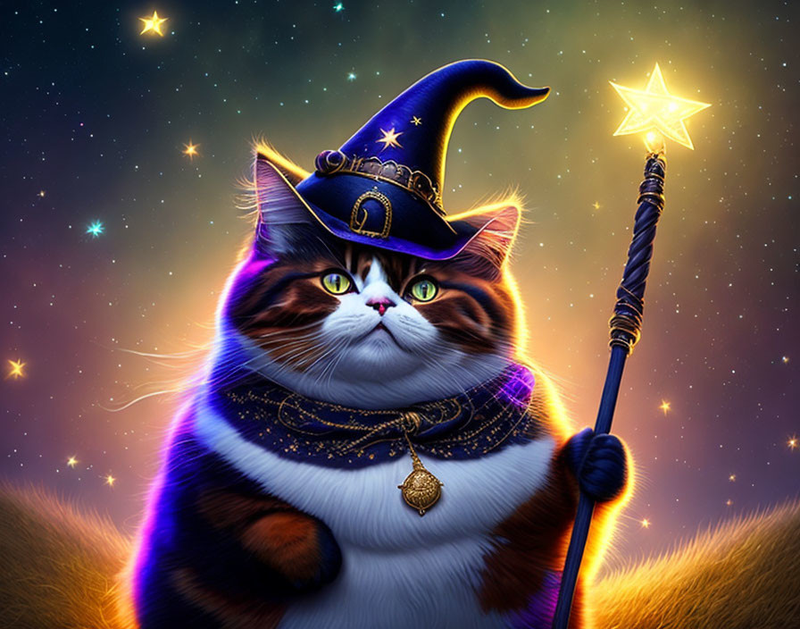 Plump cat in wizard hat with starry staff under twilight sky