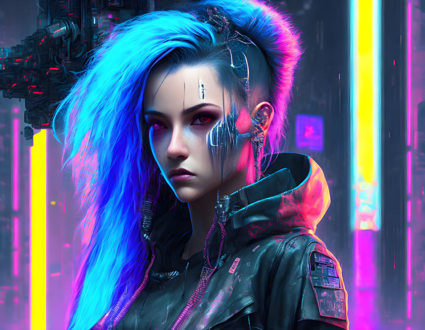 Futuristic digital artwork: Woman with blue hair, cybernetic enhancements, and weapon in neon