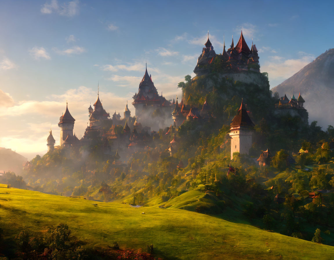 Majestic castles on misty mountain at sunrise in fantasy landscape