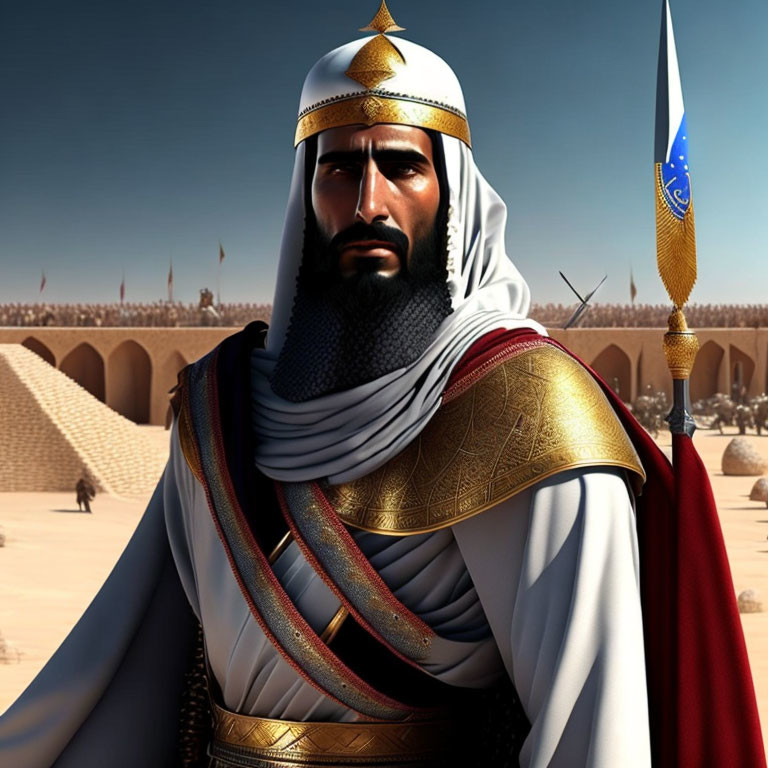 Regal bearded figure in Middle Eastern attire against ancient city backdrop