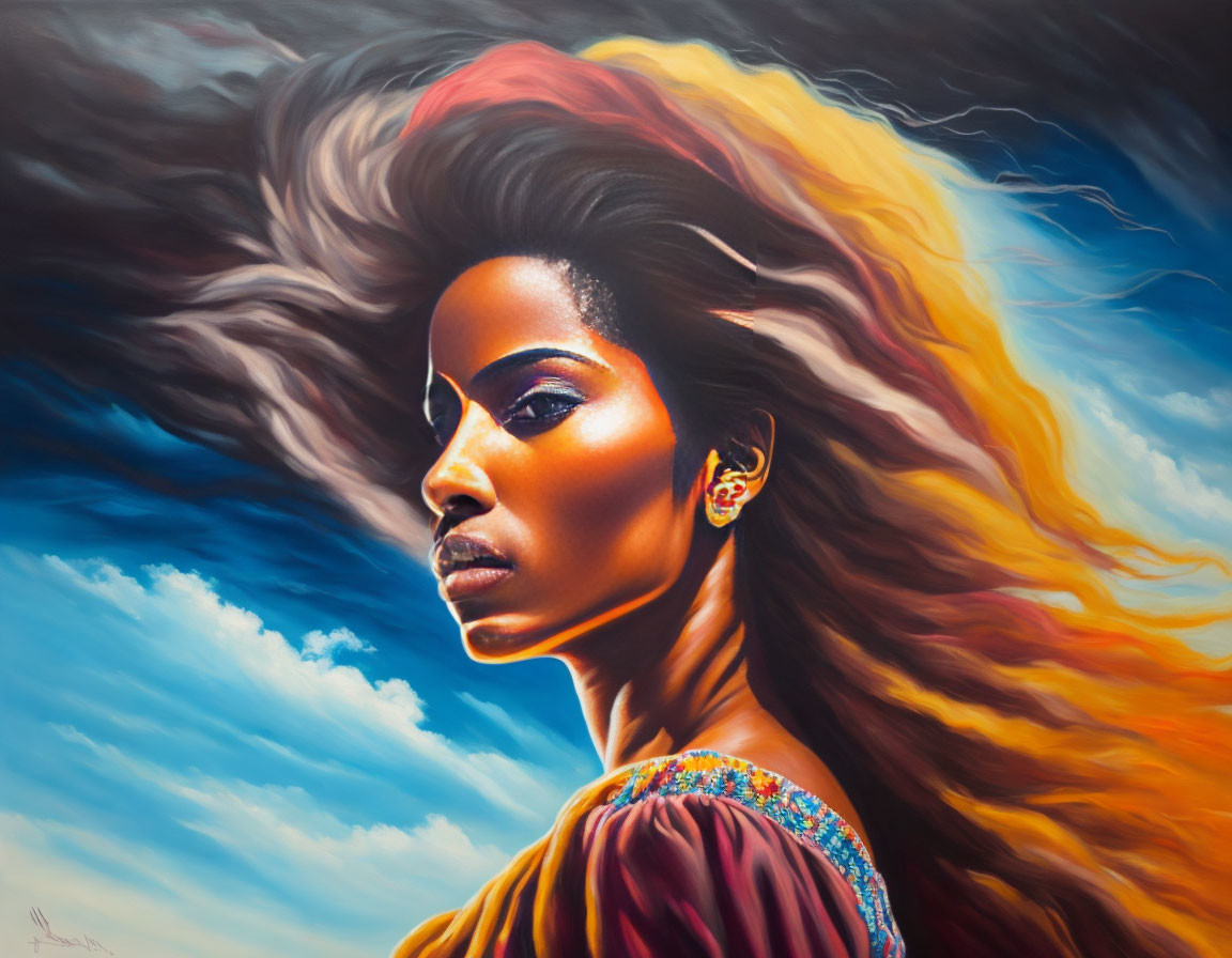 Vibrant painting of woman with flowing hair merging into sky