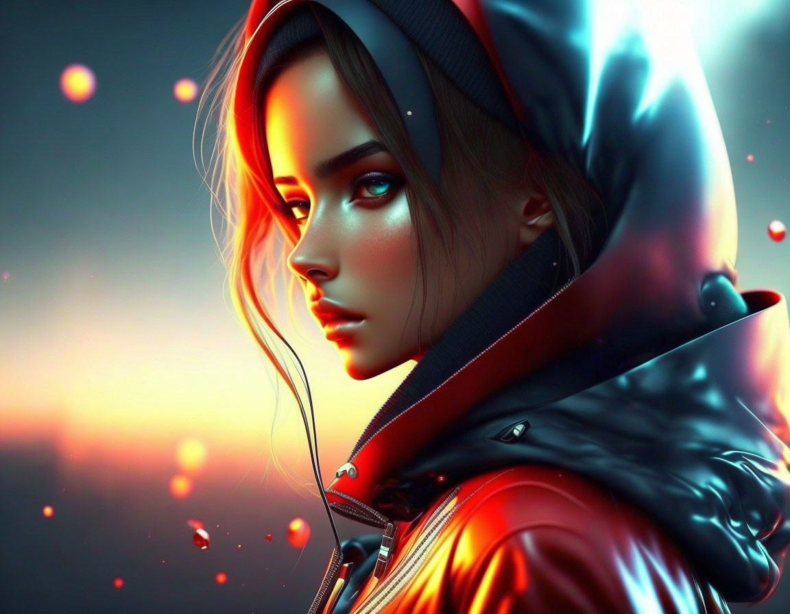 Illustration of woman in hood with glowing red accents and floating embers