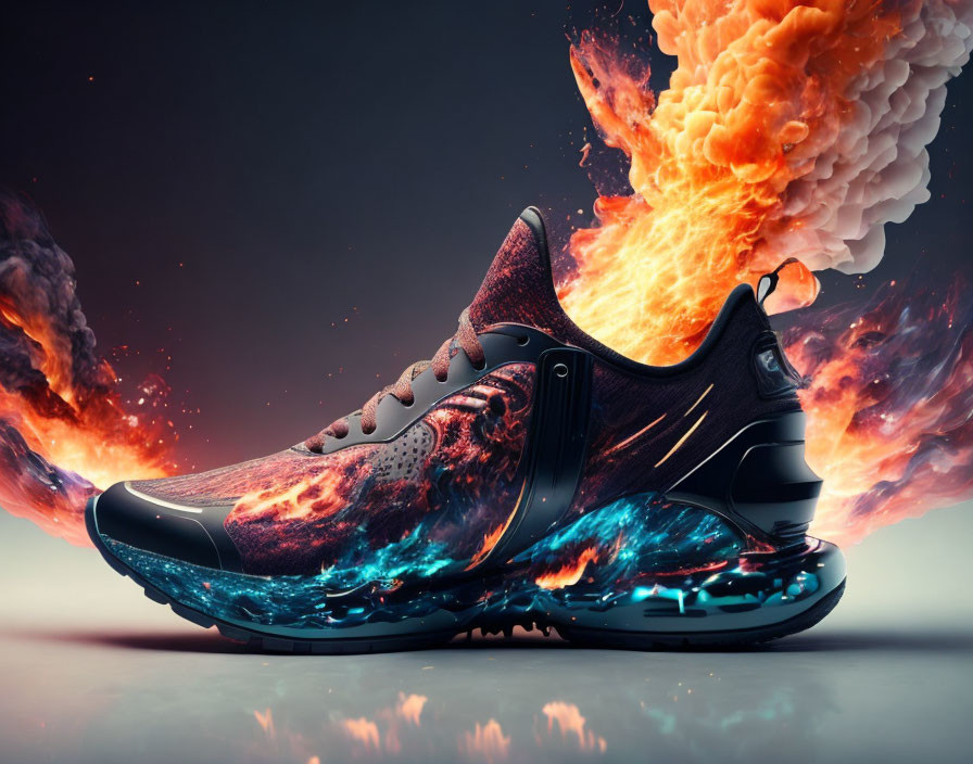 Split-Design Sneaker with Fiery Explosion and Blue Flames on Dramatic Background