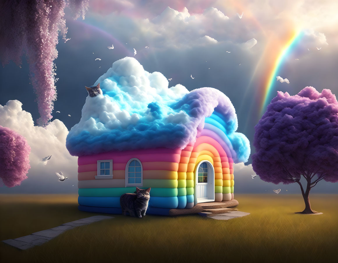 Colorful whimsical house with rainbow walls, cloud roof, cats, and purple trees