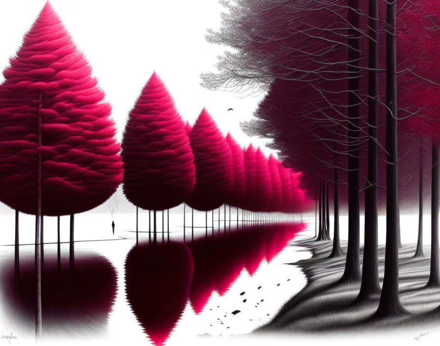 Vibrant pink and red trees in forest scene with bird and water reflection