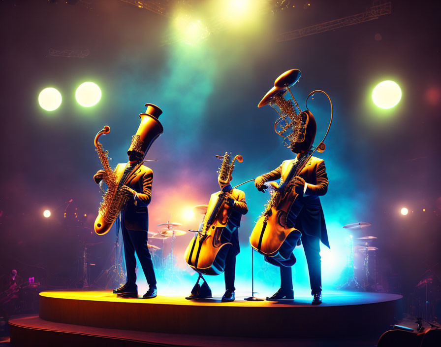 Animated jazz musicians with oversized instruments performing on stage