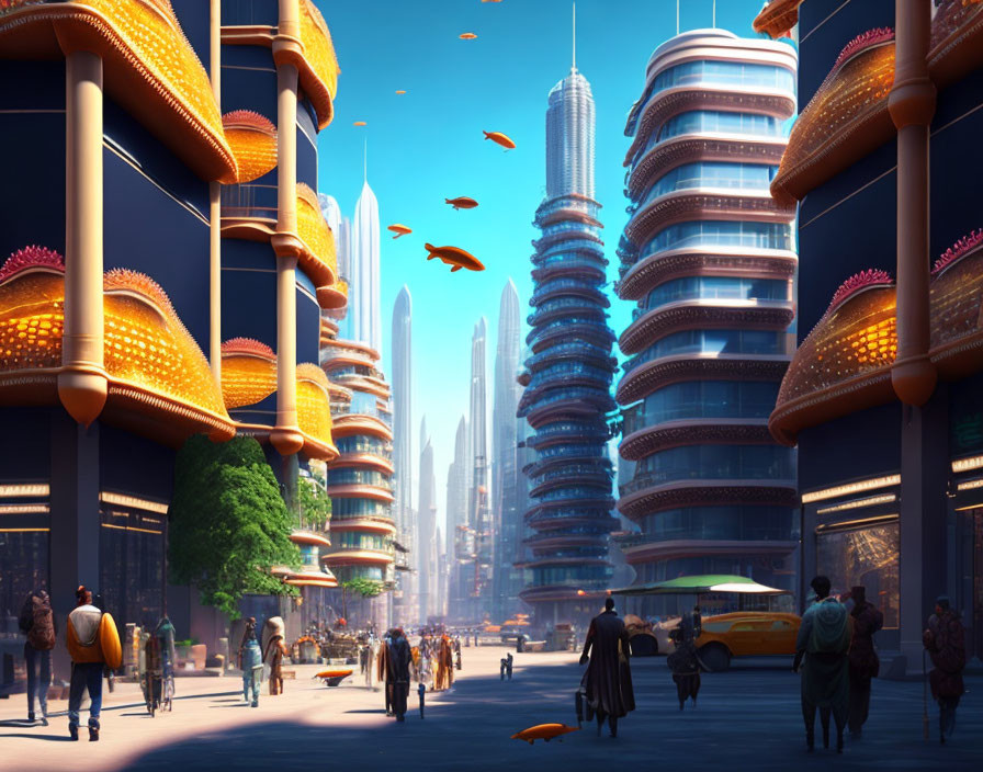 Futuristic cityscape with towering buildings and flying vehicles.