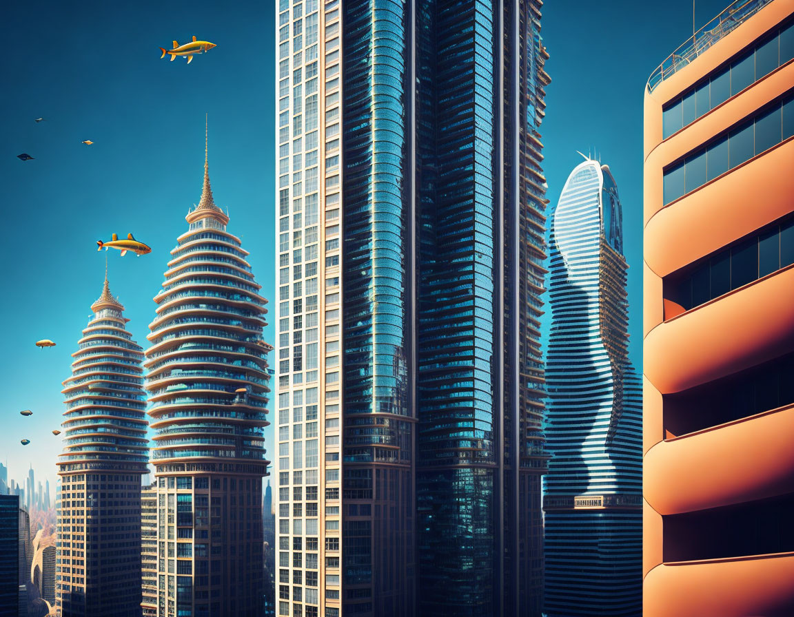 Futuristic Cityscape with Skyscrapers and Flying Cars in Clear Blue Sky