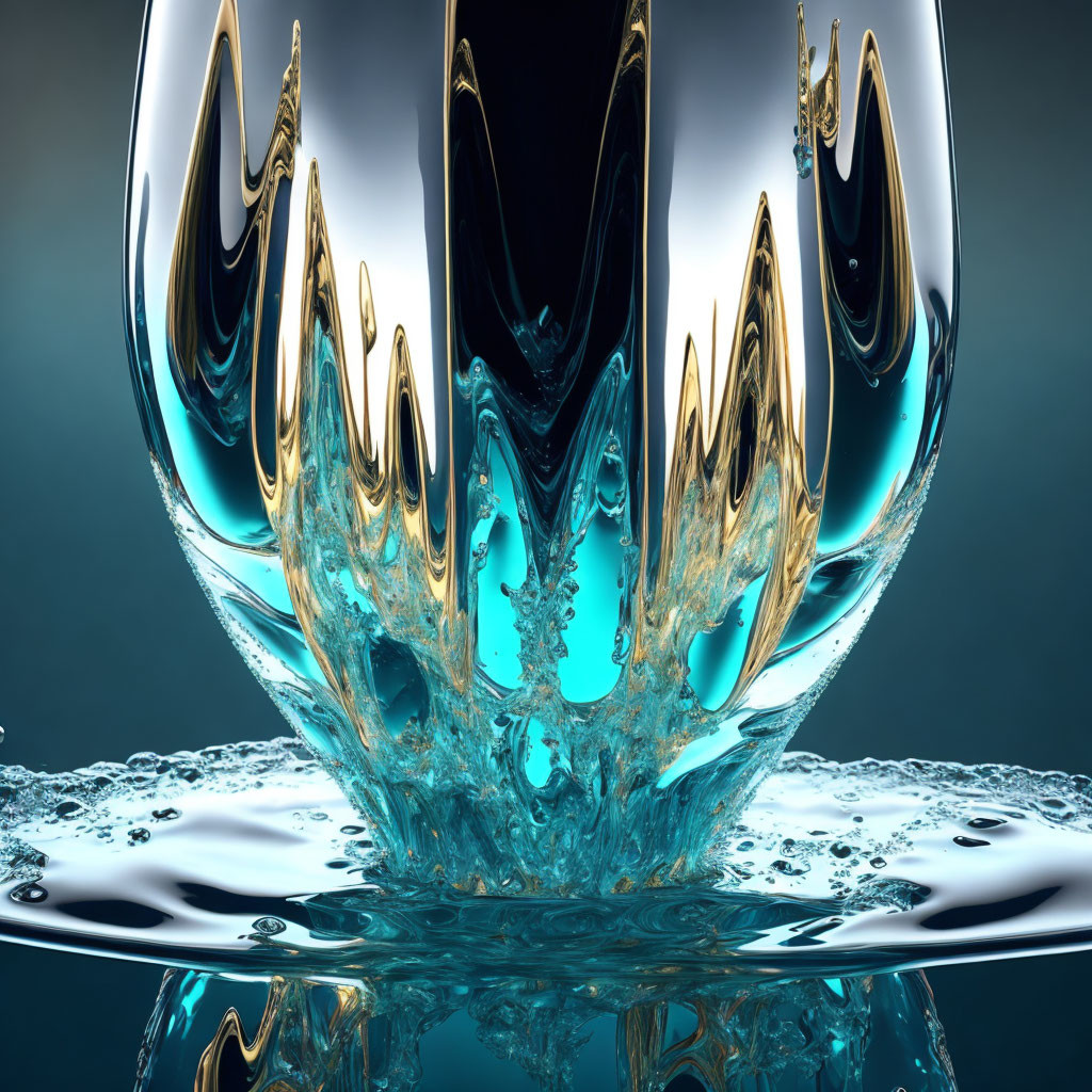 Symmetrical water splash with blue and gold tones on reflective surface