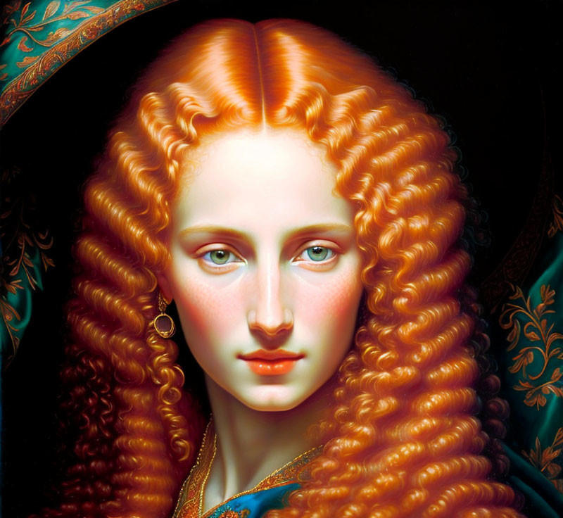 Surreal portrait of a woman with orange curly hair and blue dress