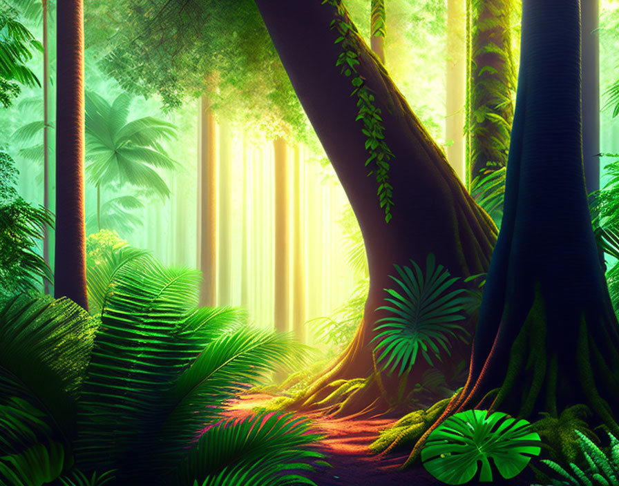 Vibrant green foliage in lush forest with sunlight beams