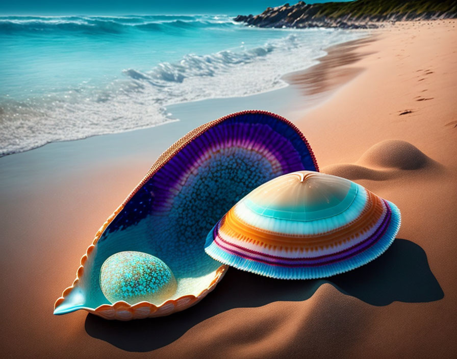 Digitally altered shell with pearl on sandy beach & waves, clear sky