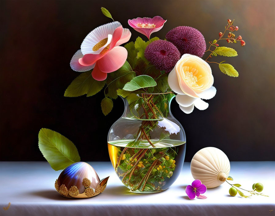 Colorful Flowers in Glass Vase with Sphere and Shell on Table