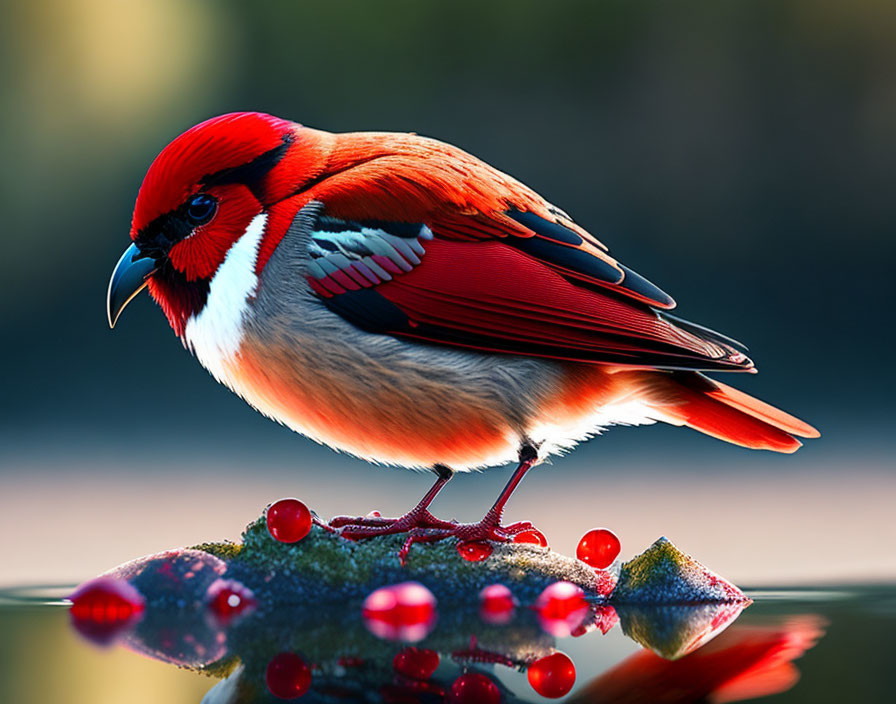 Detailed illustration of red bird on leaf with dewdrops reflected in water