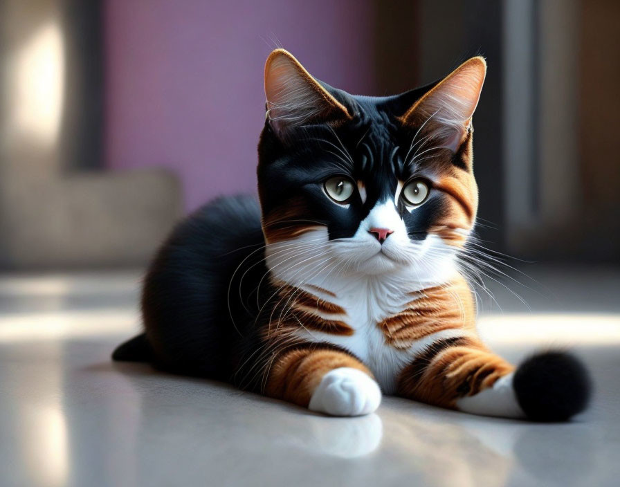 Striking black, orange, and white cat with attentive eyes in natural light