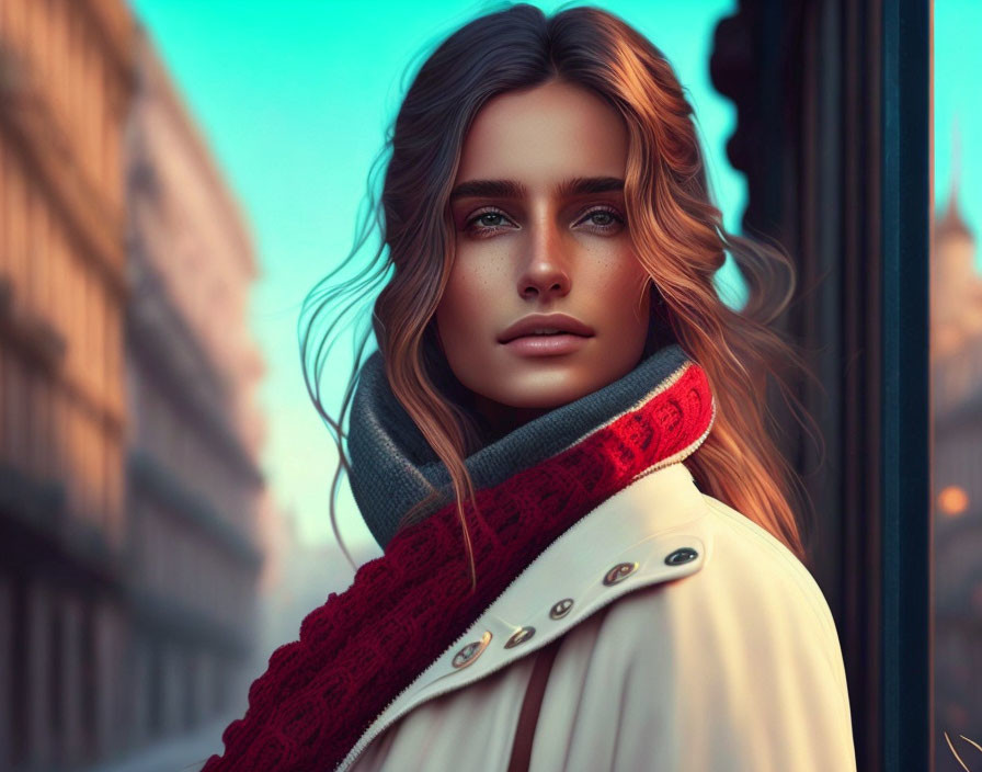 Digital artwork: Woman with flowing hair, scarf, and coat in urban setting