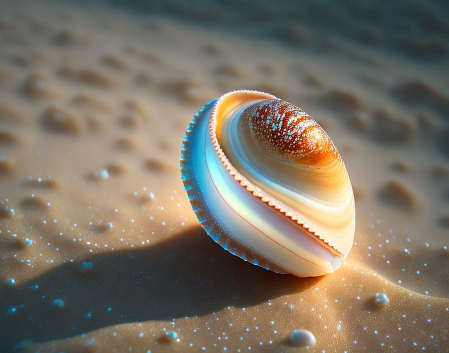 Intricate seashell on sandy beach under warm sunlight