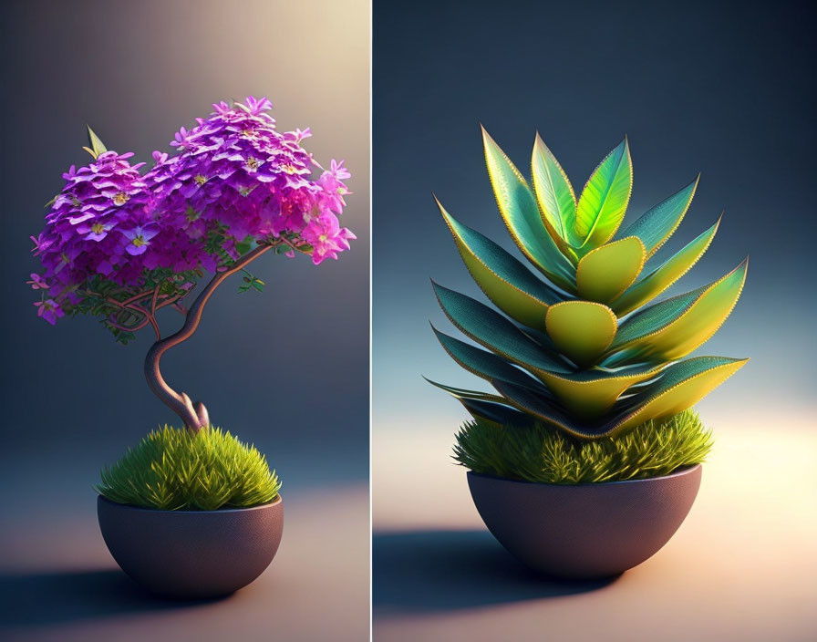 Stylized potted plants with lush foliage: purple flowers on twisted branches and thick green leaves with