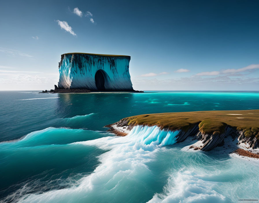 Surreal landscape featuring flat-topped iceberg near lush green coastline