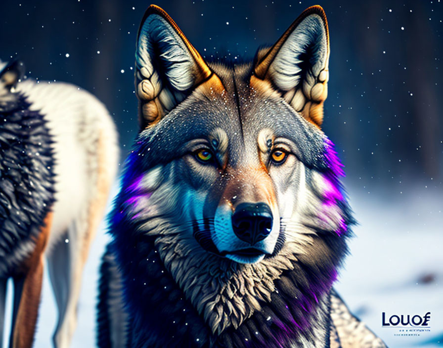 Vibrant wolf image with colorful fur in snowy scene