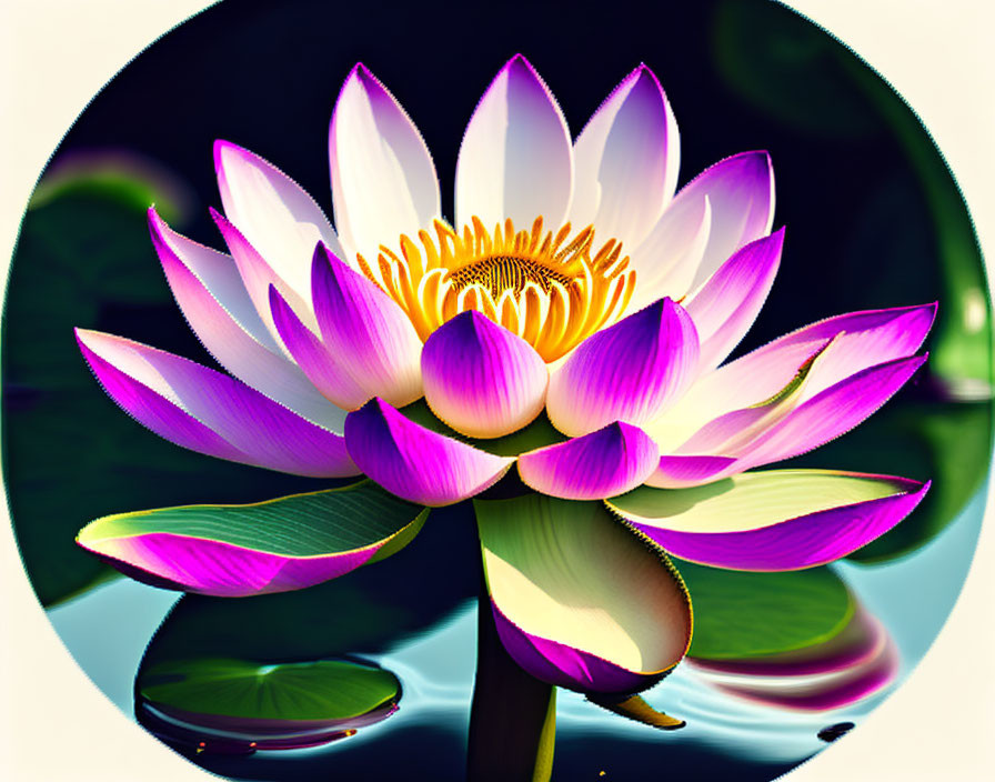 Vibrant pink and white lotus flower blooming above green lily pads on dark water in