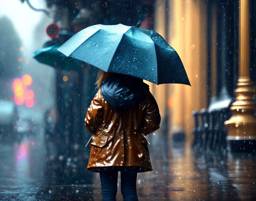 Person in Bronze Jacket with Umbrella on Rainy City Street