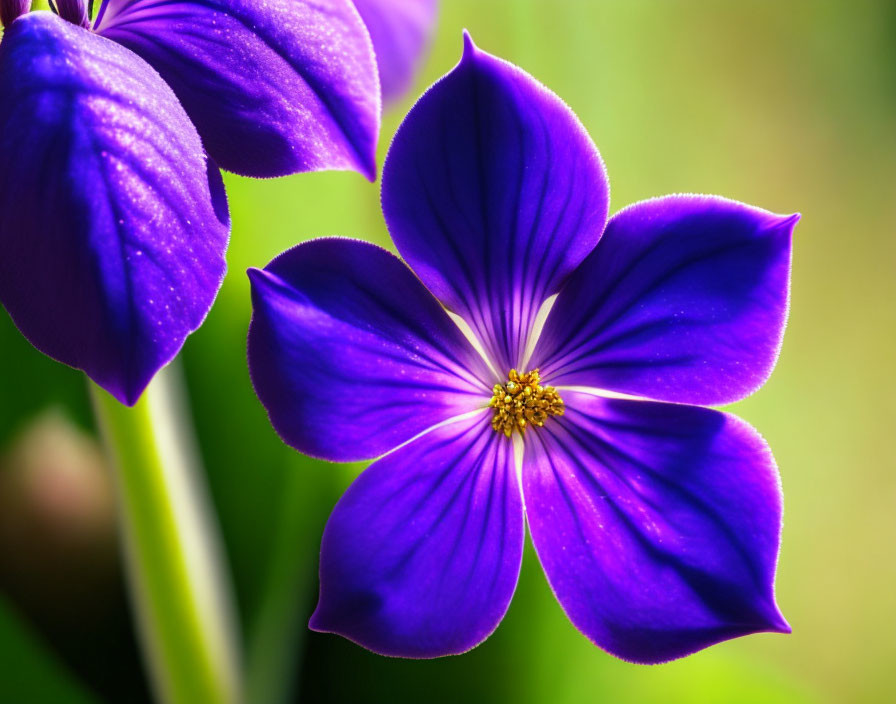 Vibrant Purple Five-Petal Flower with Yellow Center on Green Background