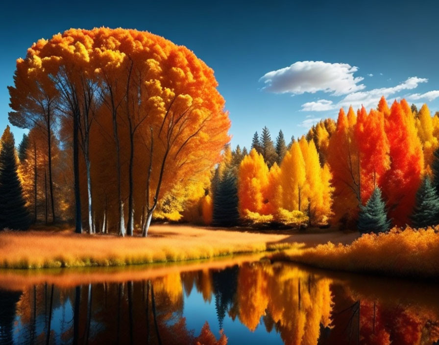 Tranquil autumn landscape with vibrant foliage and calm lake