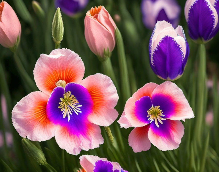 Colorful Pink and Purple Flowers with Yellow Stamens and Green Leaves