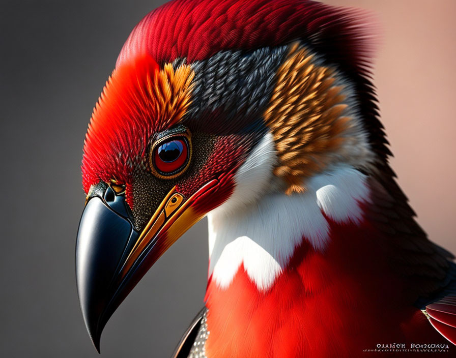 Close-up of bird with red plumage, sharp beak, and blue eye-ring