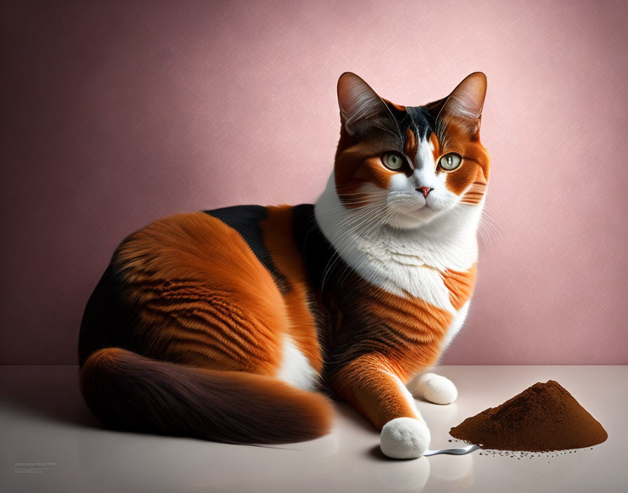 Calico Cat with Orange and Black Markings Beside Spilled Chocolate Powder