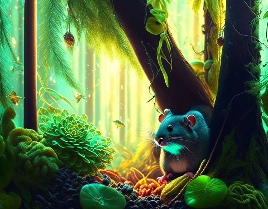 Digital art: Blue-glowing mouse in enchanted forest