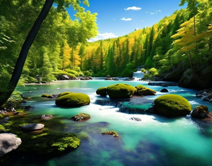 Tranquil forest landscape with blue stream, mossy rocks, green trees