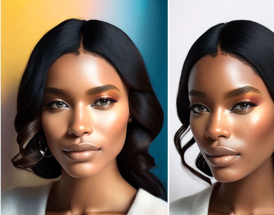 Comparing woman's portrait: lighting, color saturation, skin tone, makeup.