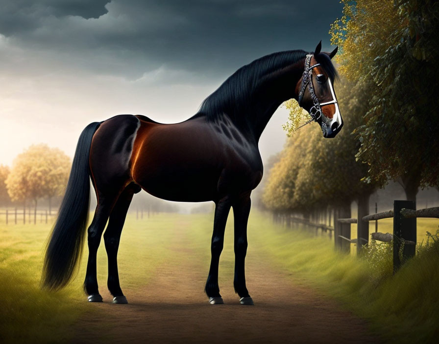 Black horse with glossy coat on fenced path under cloudy sky