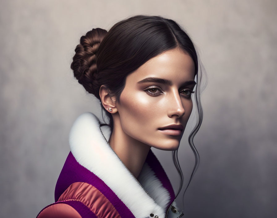 Braided bun hairstyle and smoky eye makeup on woman in white and purple jacket