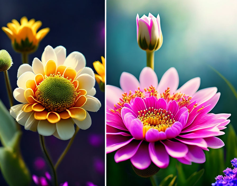Colorful Flower Diptych: Yellow Daisy and Pink Lotus Bloom on Green Backgrounds
