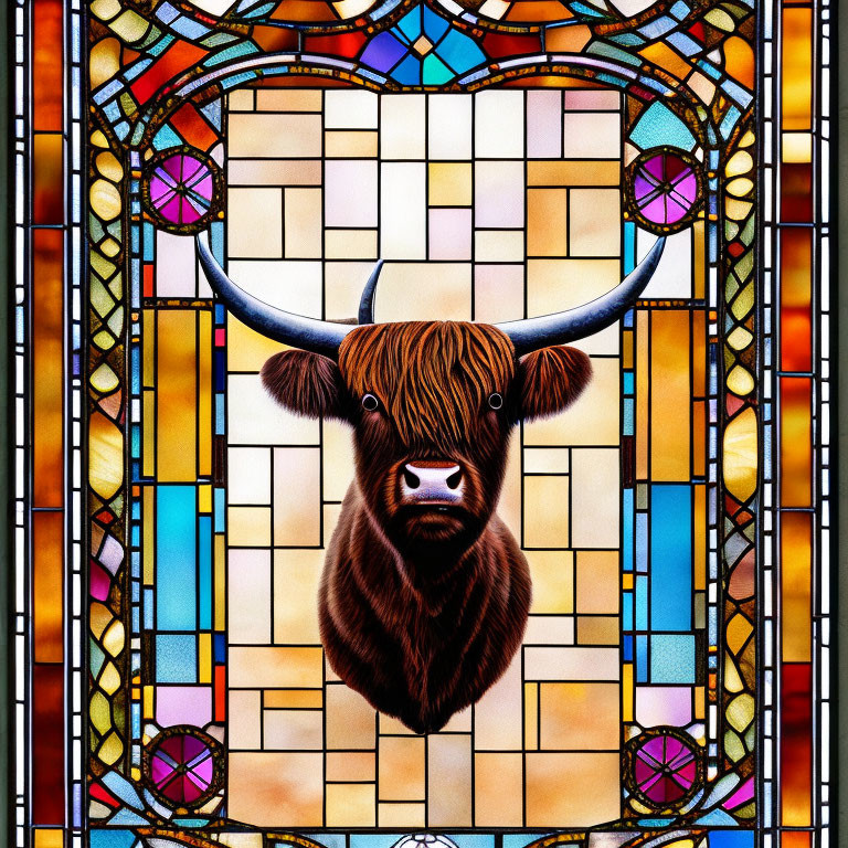 Brown Highland Cow in Stained Glass Mosaic Frame