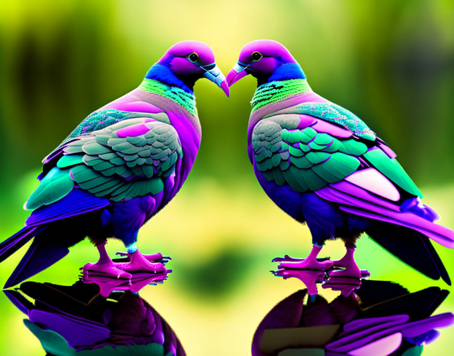 Vibrantly colored pigeons in shades of blue and purple on green background