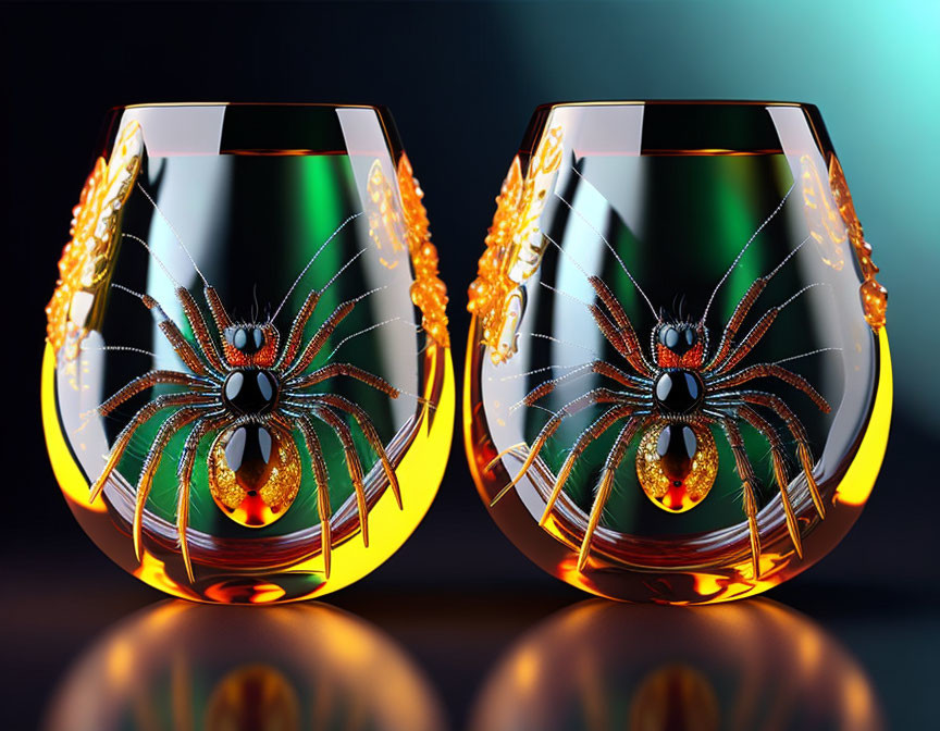 Ornate snifter glasses with spider and web designs on reflective surface