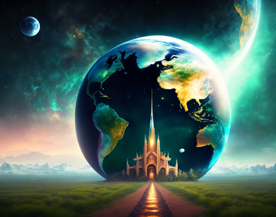 Fantasy landscape with glowing Earth, moons, and castle pathway