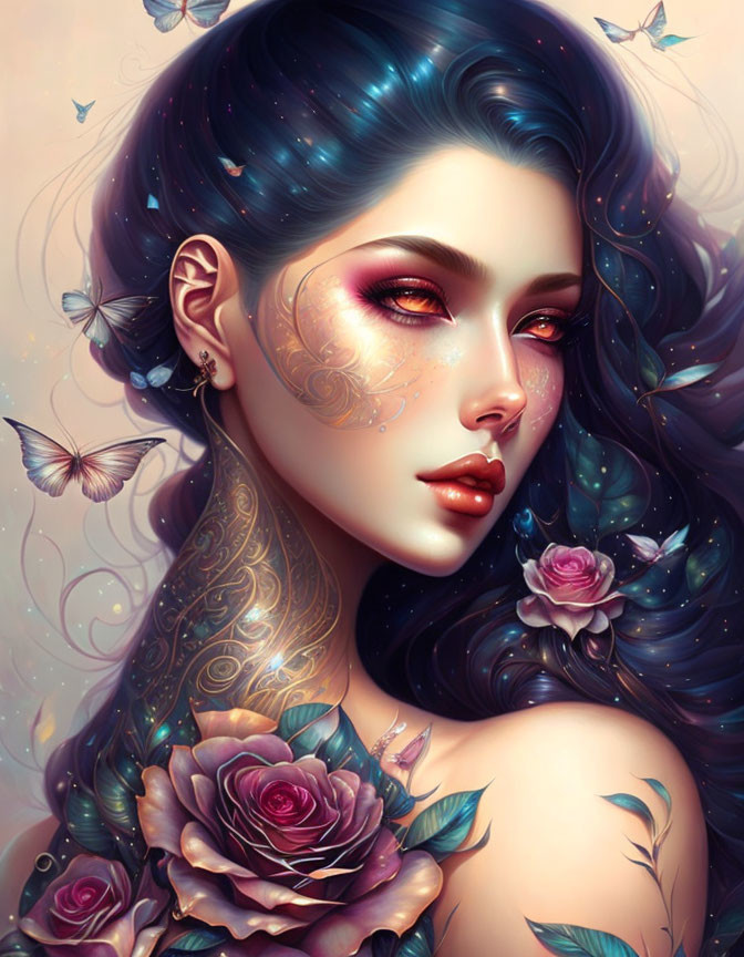 Woman with Galaxy Blue Hair, Butterflies, Roses, and Golden Tattoos