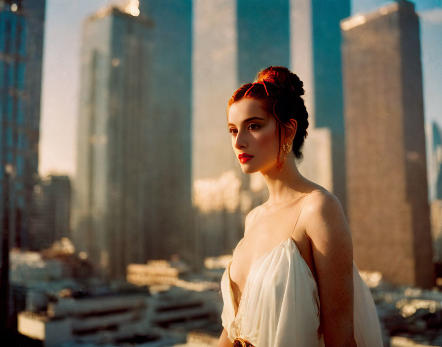 Red-haired woman in white dress and earrings gazing against city backdrop
