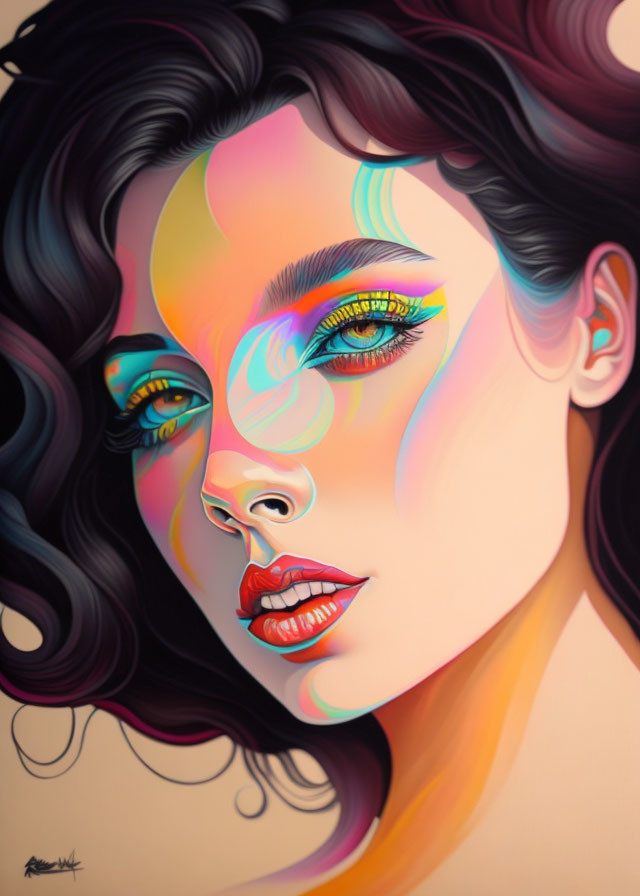 Vibrant digital portrait of a woman with flowing black hair and rainbow hues.