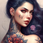 Woman with Galaxy Blue Hair, Butterflies, Roses, and Golden Tattoos